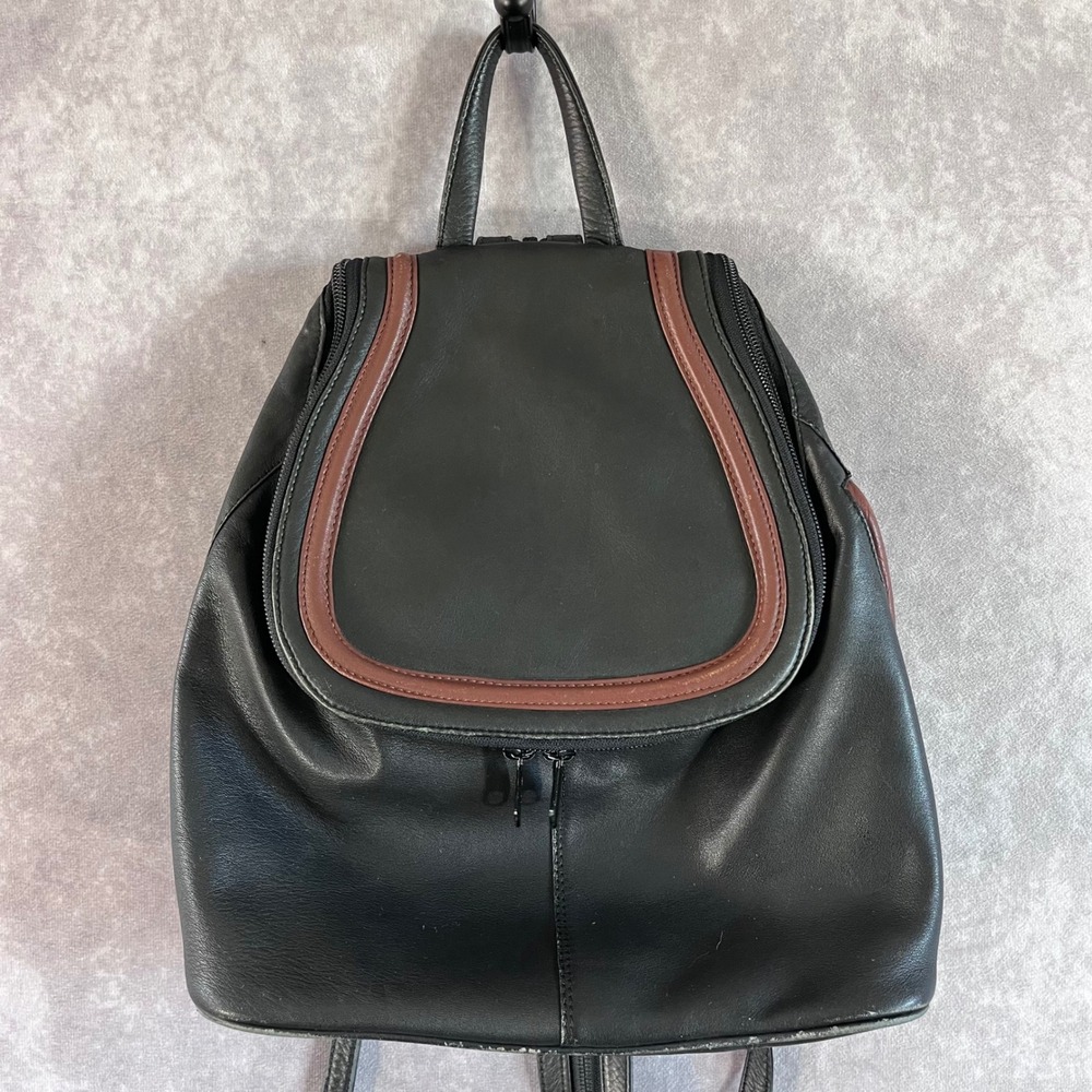 Derek Alexander Backpack Womens Small Black Brown Leather Vintage Plaid Lining‎